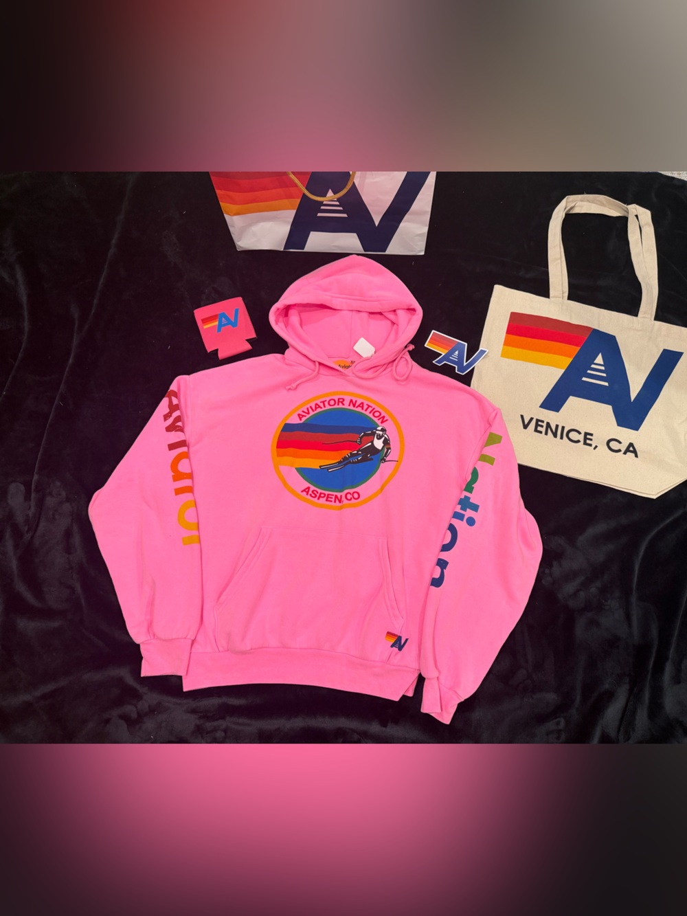 NWT AVIATOR NATION HOODIE neon pink Aspen XS + Tote Bag